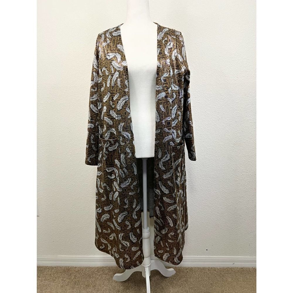 LULAROE Sarah Shiny Bronze Feather Open Front Long Sweater Duster Med Stretch